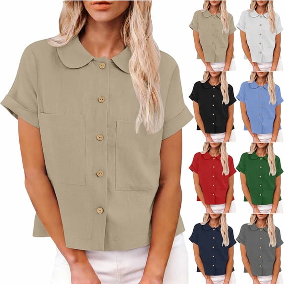 Avtoify Women's Fashion Summer Solid Color Double Pocket Collar Shirt Short Sleeve Button-Down Top