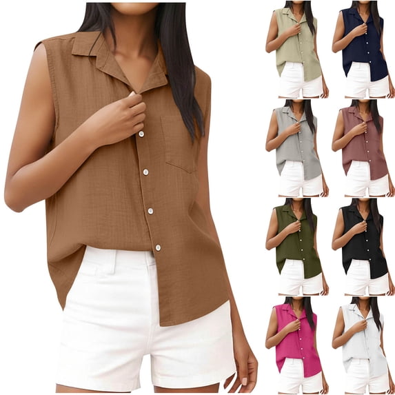 Avtoify Women's Linen Lapel Button Pocket Style Button Style Full Placket Shirt Fashion Solid Color Sleeveless T-Shirt Top