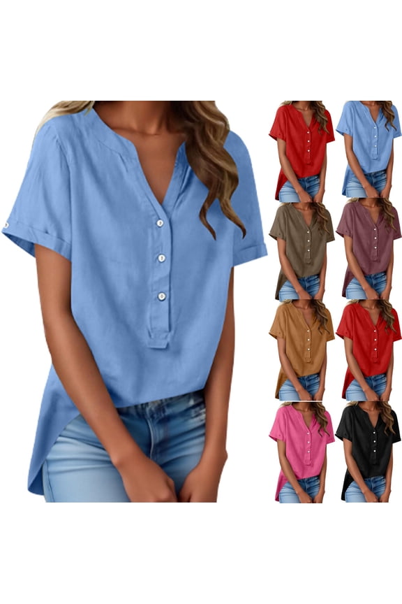 Women's Linen V-Neck Button Style Half Placket Fashion Solid Color Short Sleeve T-Shirt Top