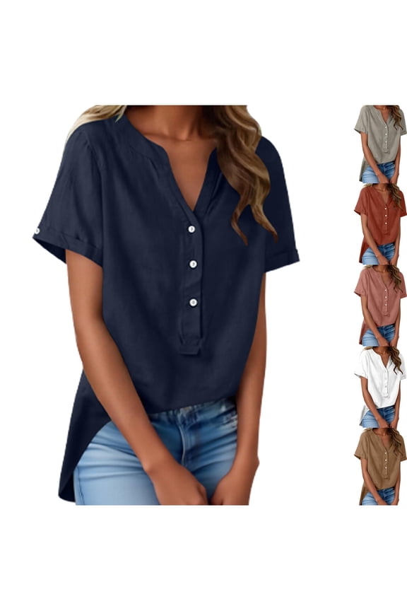 Women's Linen V-Neck Button Style Half Placket Fashion Solid Color Short Sleeve T-Shirt Top