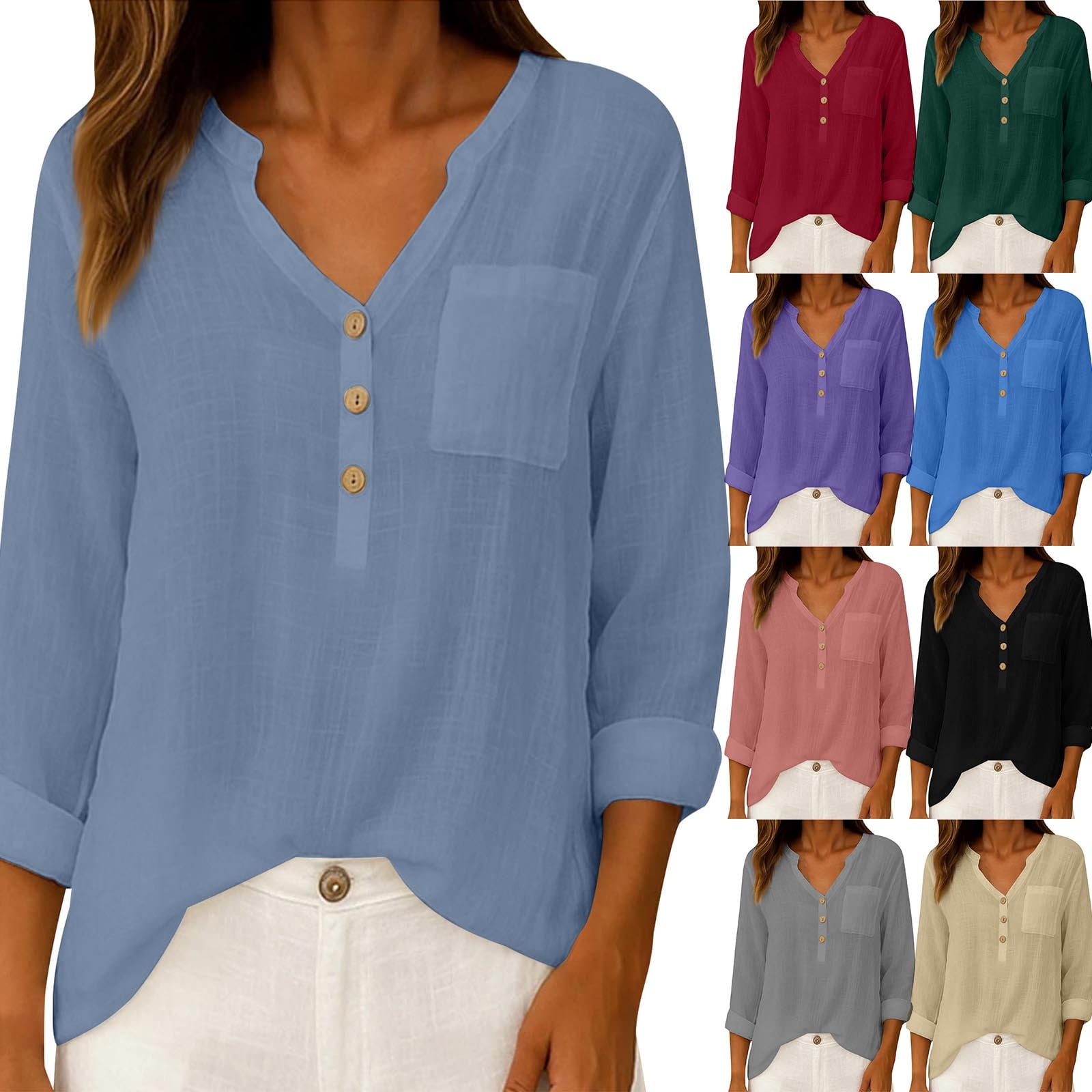 Avtoify Women's Lock Short Sleeve Button Shirt V-Neck Solid Color ...