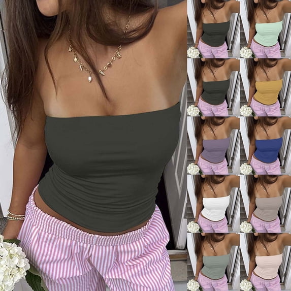 Avtoify Women's Solid Color Style Double-Layer Tube Top