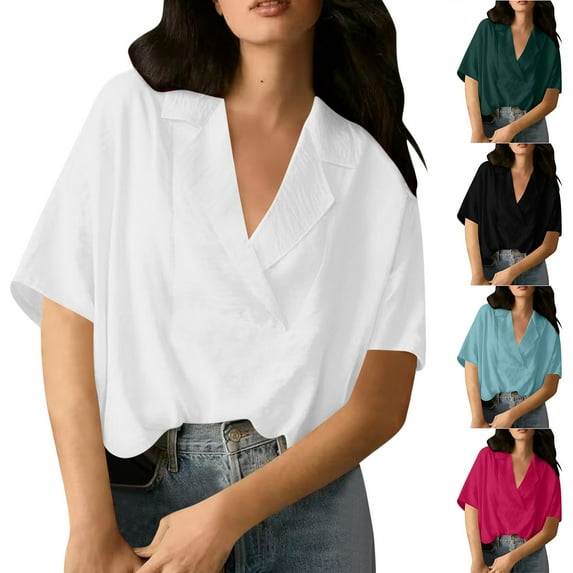 Avtoify Women's Solid Color Summer Lapel Short Sleeve Shirt Loose Casual Top