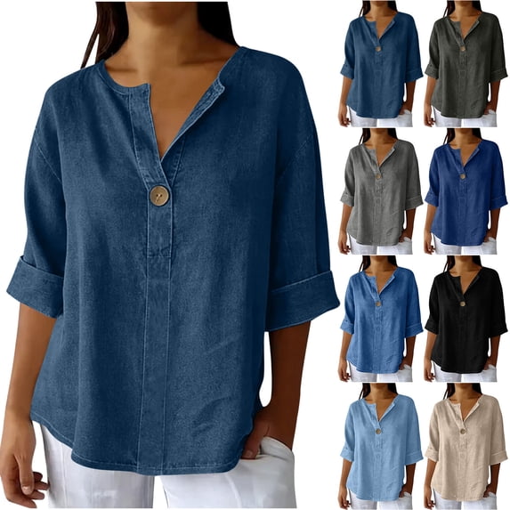 Avtoify Women's Solid Color V-Neck Five- Sleeve T-Shirt Loose Top Round Neck Top/Shirt Short Sleeve Round Neck Top/Shirt