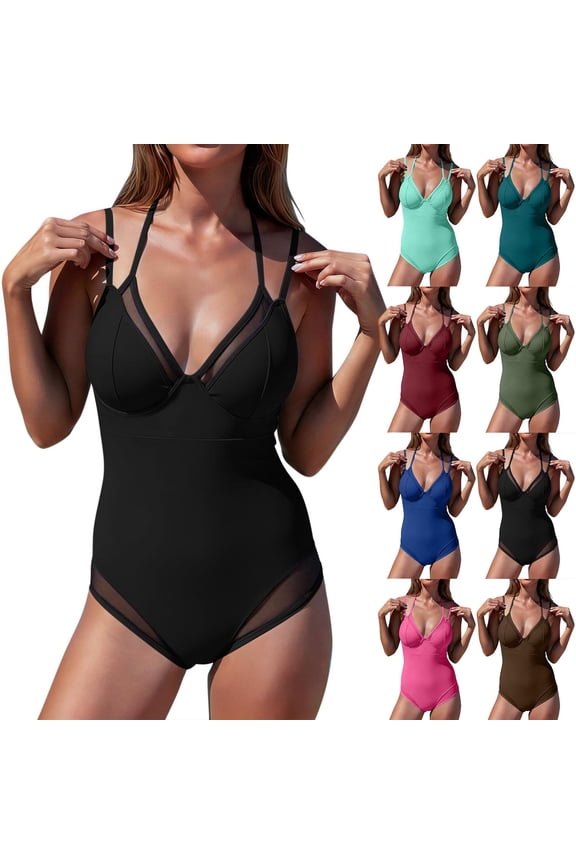 Women's Solid Color V-neck Hanging Summer Womens Swim Neck Mesh Splicing Back Strap