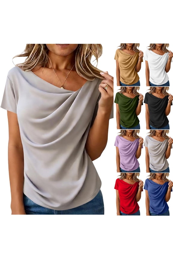 Women's Summer Top Short Sleeve Shirt Button Style Lace Sleeve Waist-Cinching Overblouse V-Neck T-Shirt