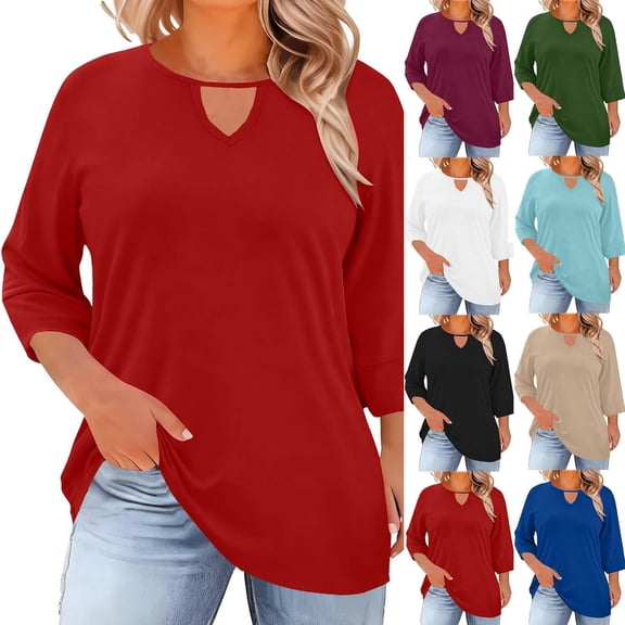 Avtoify Women's plus Size Crewneck Top with Front Cutout Summer for Dressy Casual Quarter