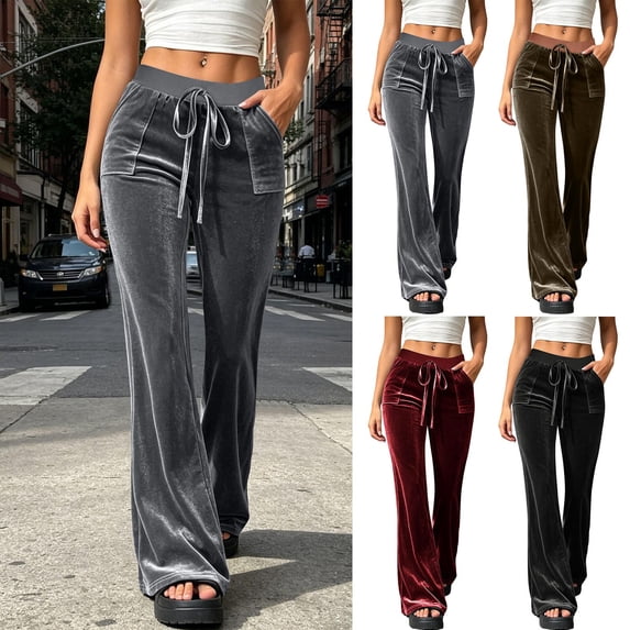 Avtoify Womens Leisure Pants Solid Color Velvet Wide Leg Trousers ...