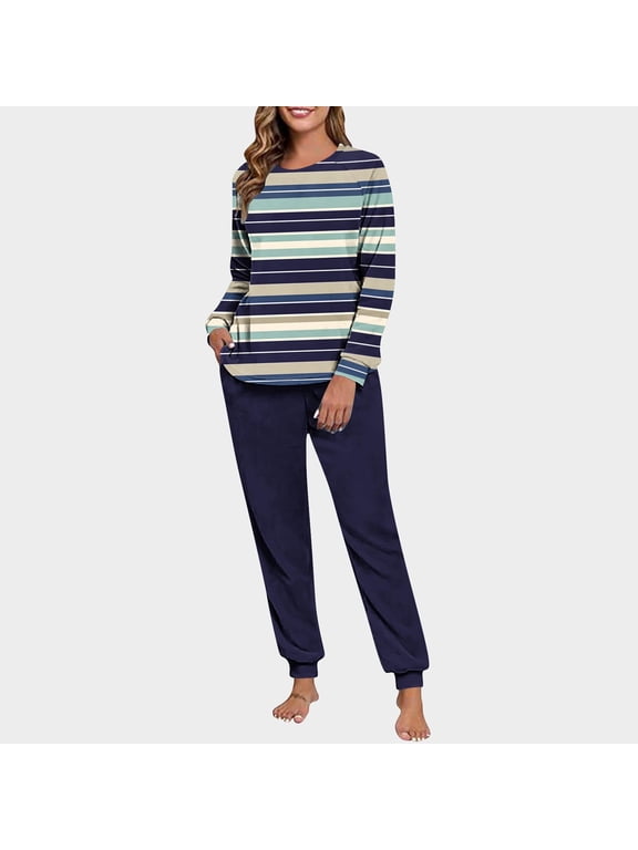 Womens Pajama Sets Casual Winter Double-sided Fuzz with Printed Round Neck Pullover