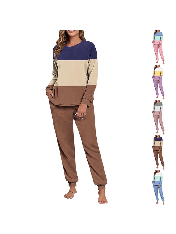 Womens Pajama Sets Casual Winter Double-sided Fuzz with Printed Round Neck Pullover