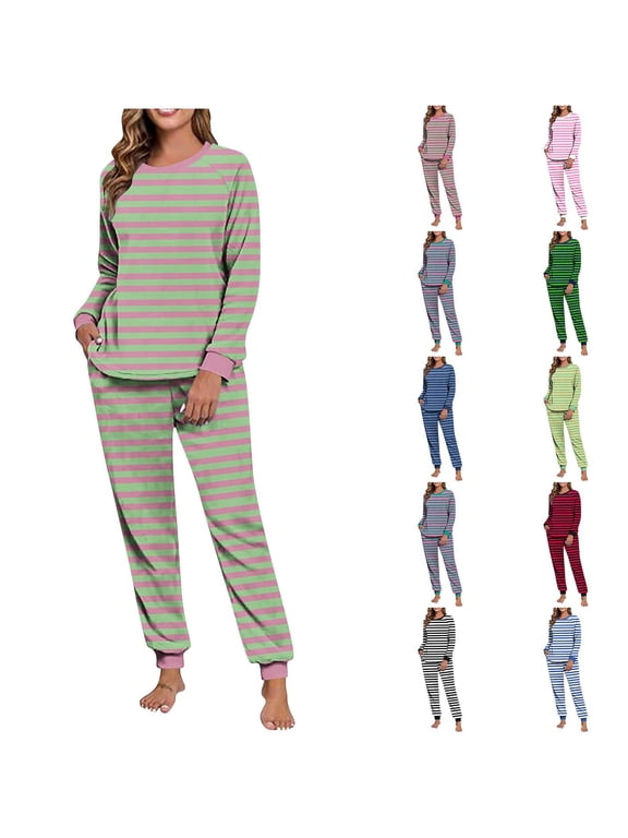 Womens Pajama Sets Casual Winter Double-sided Fuzz with Printed Round Neck Pullover