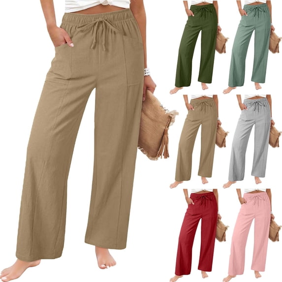 Avtoify Womens Pants Casual Linen Solid Drawstring Elastic Waist Loose Straight Leg Side Pockets