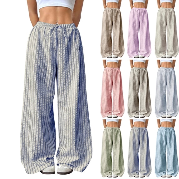 Avtoify Womens Pants Dressy Casual Summer Mid Waist Pocket Striped Lace Up Buckle