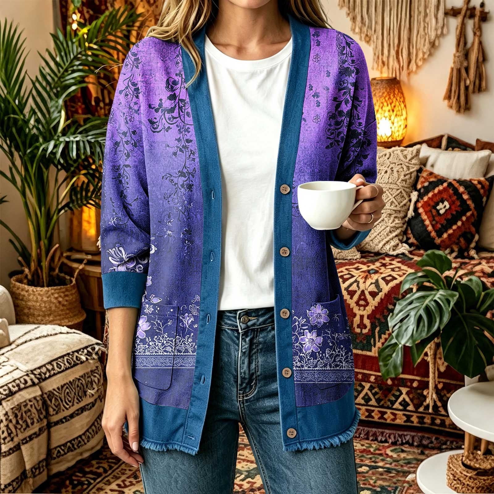 Random Kids Avtoify Womens Winter Jacket Vintage Random Print Denim Splicing Button ...