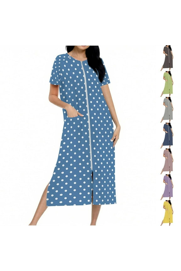 Zip Up Robe Long Housecoat Knit Bathrobes Full Length Gradient Color Nightgown Pockets Womens Pajamas