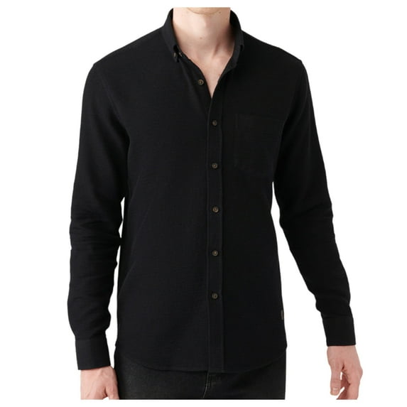Avva Men's 100% Cotton, Regular Fit, Long Sleeve, Button Collar, Pocket Waffle, Dobby Shirt, Medium, Black