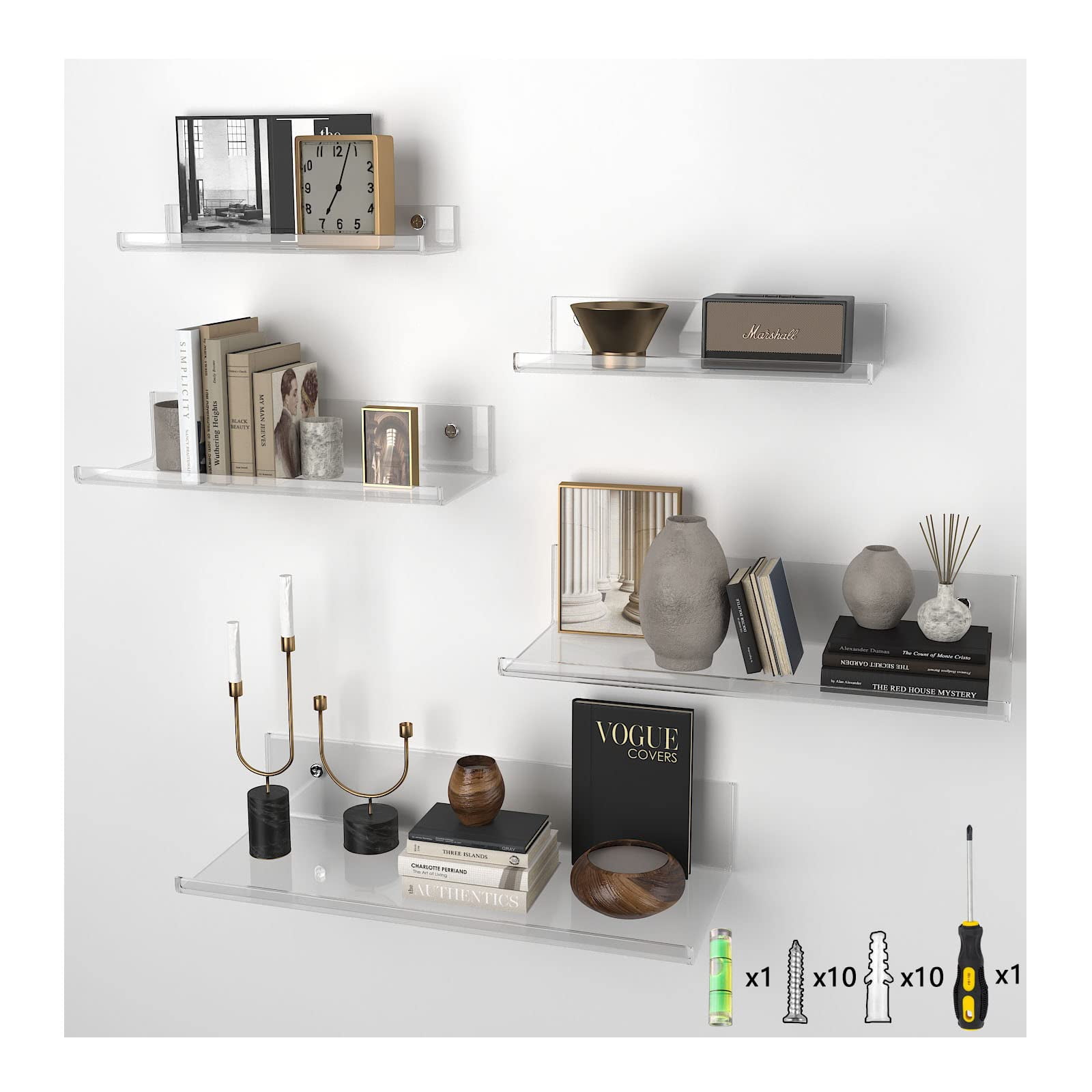 Avveckel Acrylic Shelves, Clear Shelves, 5 Set Different Sizes Acrylic