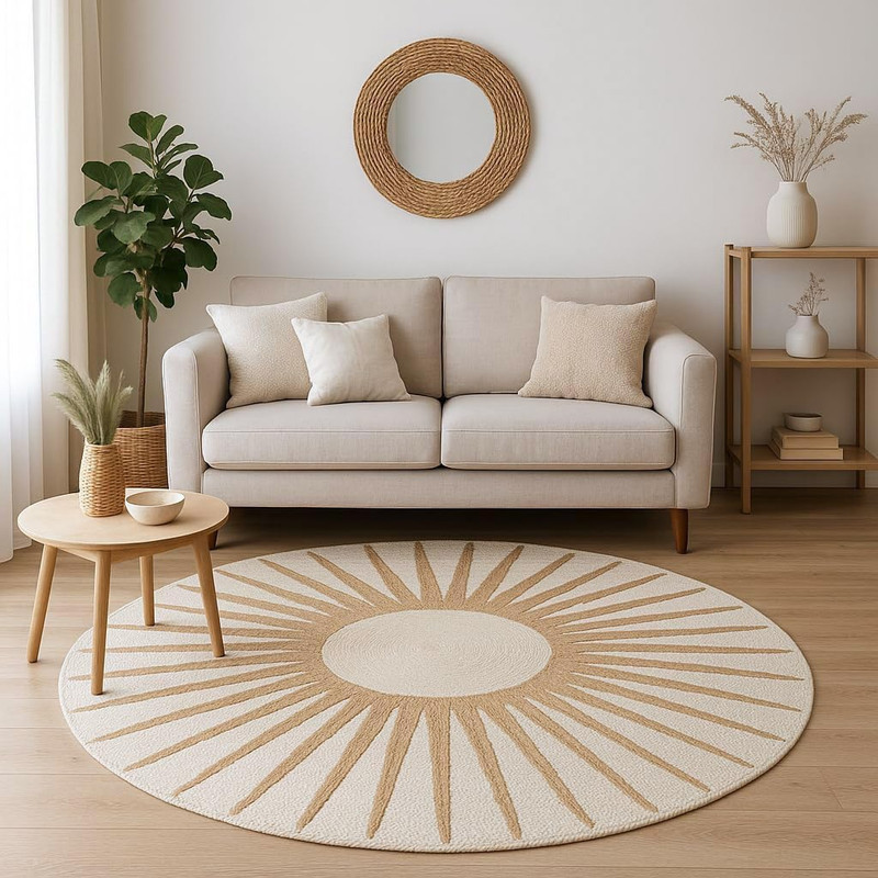 Avyay Rugs Natural Beige Round Jute Rug – Handwoven Natural Fiber Accent Rug with Radiating Sunbeam Pattern, Boho Coastal Style for Living Room, Bedroom, or Entryway Décor (Natural Beige, 3' Round)