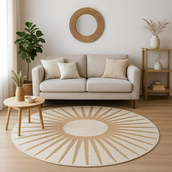 Avyay Rugs Natural Beige Round Jute Rug – Handwoven Natural Fiber Accent Rug with Radiating Sunbeam Pattern, Boho Coastal Style for Living Room, Bedroom, or Entryway Décor (Natural Beige, 3' Round)
