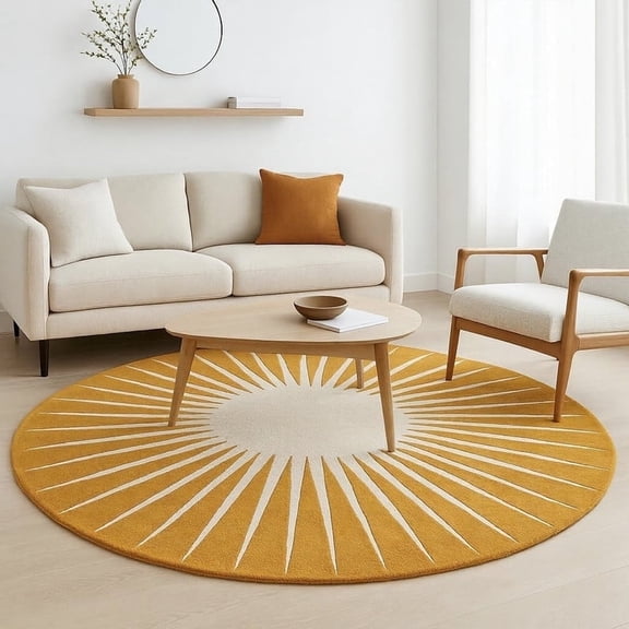 Avyay Rugs Modern Mustard Round Area Rug – Hand-Tufted 100% NZ Wool, Thick & Soft Circular Carpet for Living Room, Bedroom & Dining Room (7' Round)