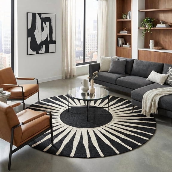 Avyay Rugs Braided Black Sun Area Rugs, 3' Round, Handmade Natural Fiber