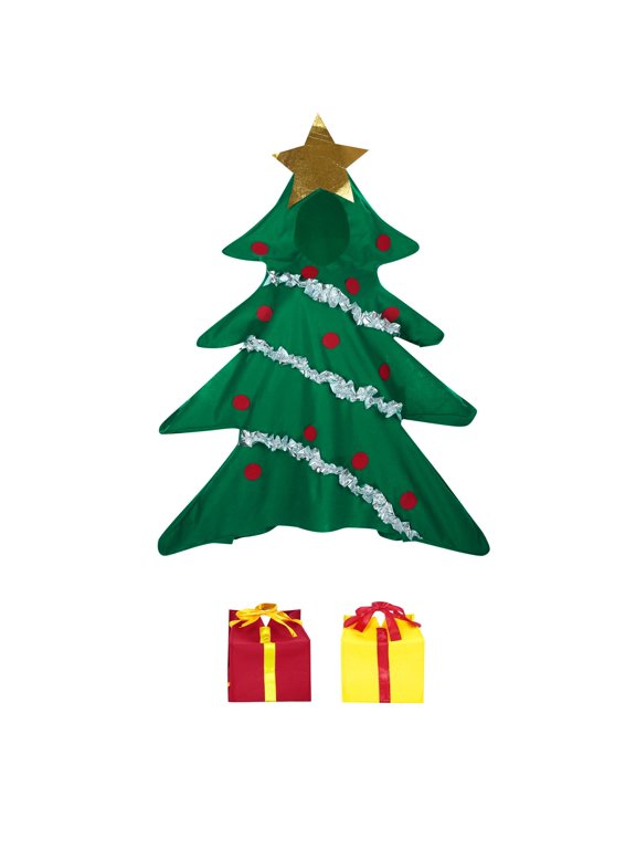 Adults Christmas Tree Costume 2 Piece Tiered Shape Sleeveless Tunic Star Top Pom Pom Trim Gift Box Foot Covers Party Outfit