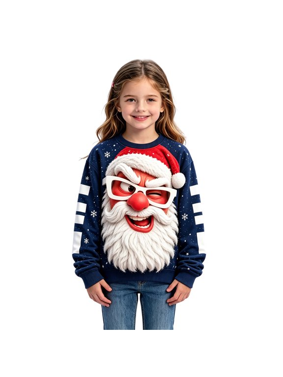 Girls Christmas Sweatshirt Santa Winking Face Print Striped Sleeves Crew Neck Long Sleeve Pullover Ribbed Hem Holiday Top