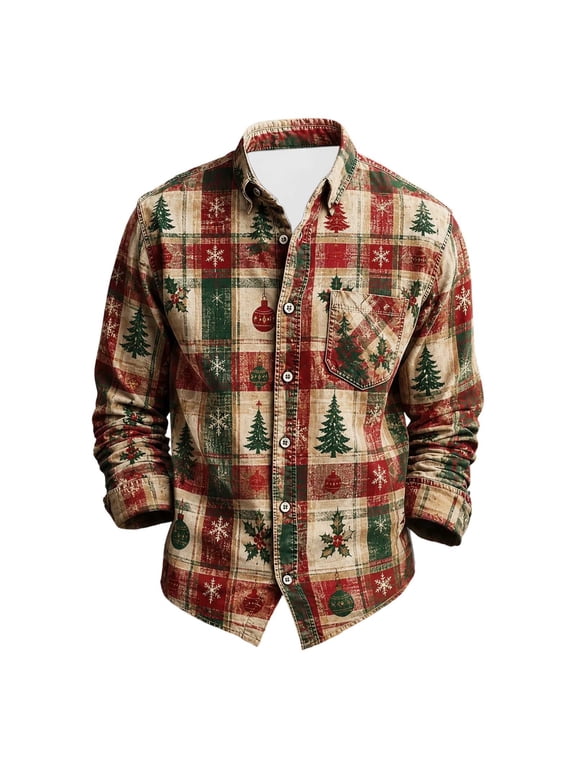 Mens Christmas Shirt Plaid Tree Print Point Collar Long Sleeves Button Down Front Chest Pocket Curved Hem Holiday Casual Top