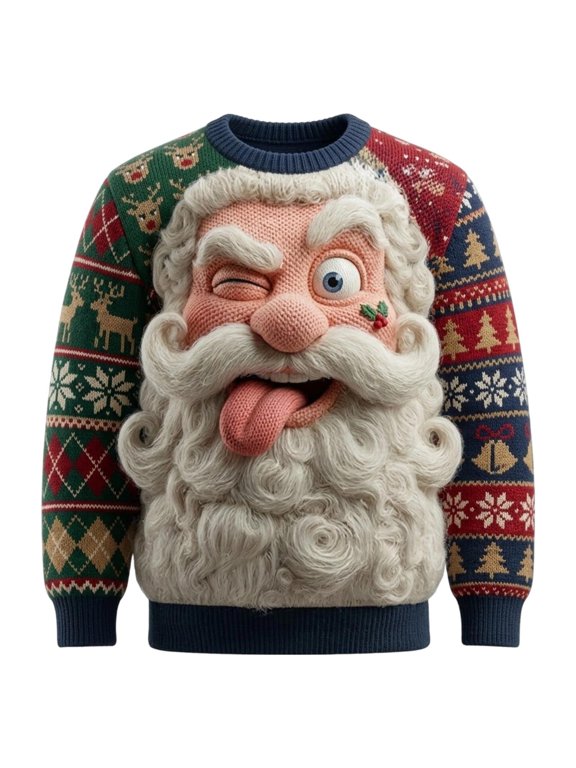 Mens Christmas Sweatshirt Santa Winking Face Tongue Print Fair Isle Sleeves Crew Neck Long Sleeve Pullover Ribbed Cuffs Top