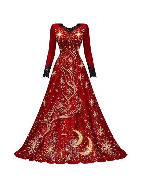 Womens Celestial Dress Moon Star Print V Neck Long Sleeve Maxi Skirt Scalloped Fitted Waist Evening Party Gown Outfit