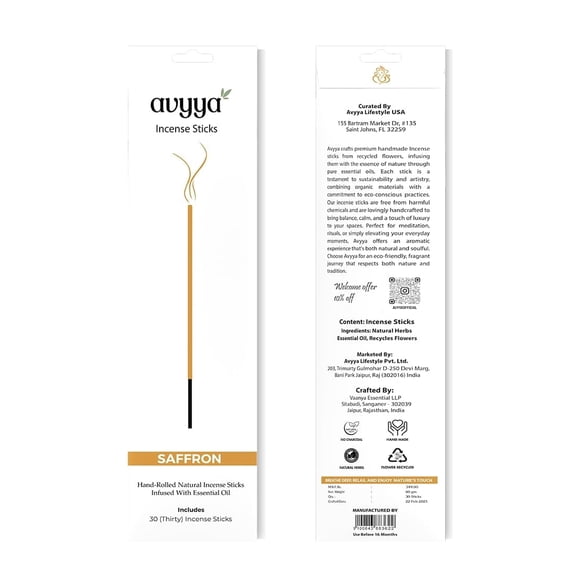 Avyya Hand Rolled Incense Sticks (30Total), Charcoal-Free, Recycled Flowers – Perfect for Positivity, Aromatherapy, Healing, Yoga, Meditation, Relaxation and Spiritual Vibe. (30, Saffron)