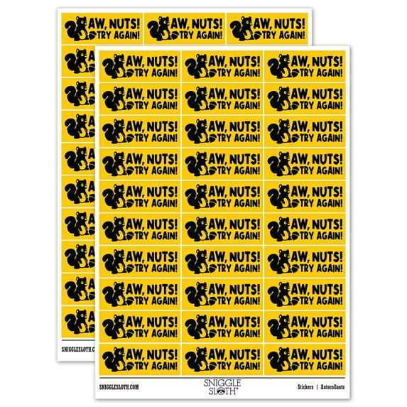Aw Nuts Try Again Squirrel Teacher Student School Sticker Set - Yellow - Gloss Finish - 1.75" Medium