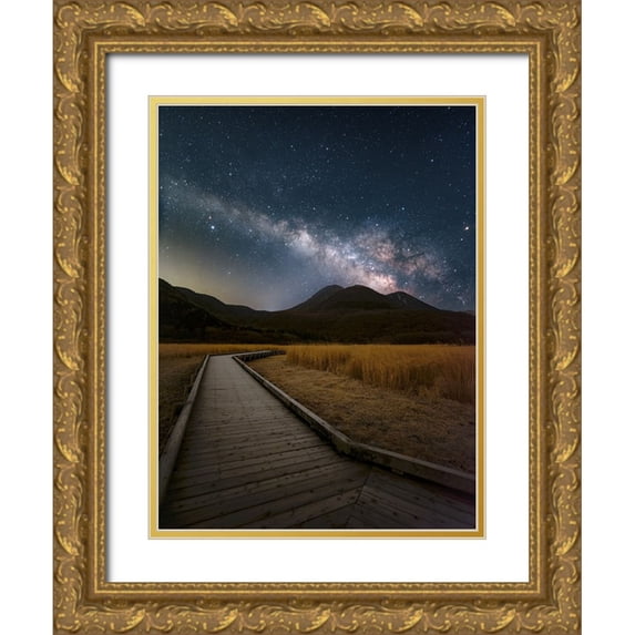 Awakari 15x18 Gold Ornate Wood Framed with Double Matting Museum Art Print Titled - Milky Way shining in the sky of Kuju Mountain Range