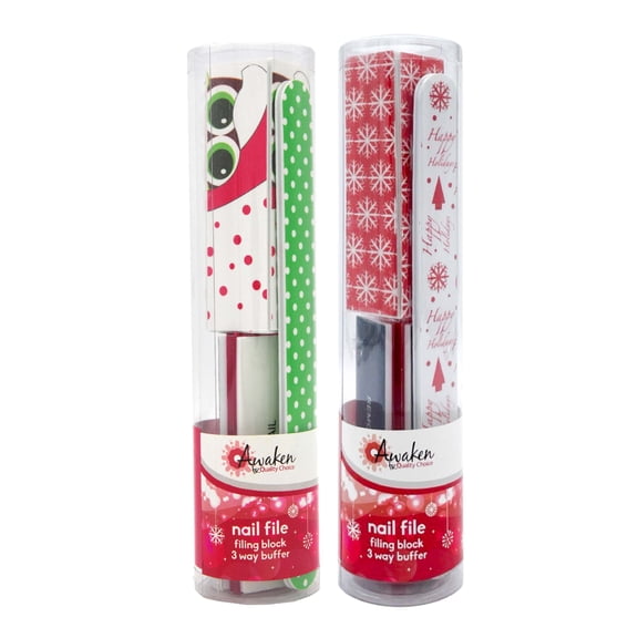 Awaken By Quality Choice Assorted Holiday Nail Care Stocking Stuffer Combo Pack - File, Buffer, and Filing Block - Essential for Nail - 2 Pack
