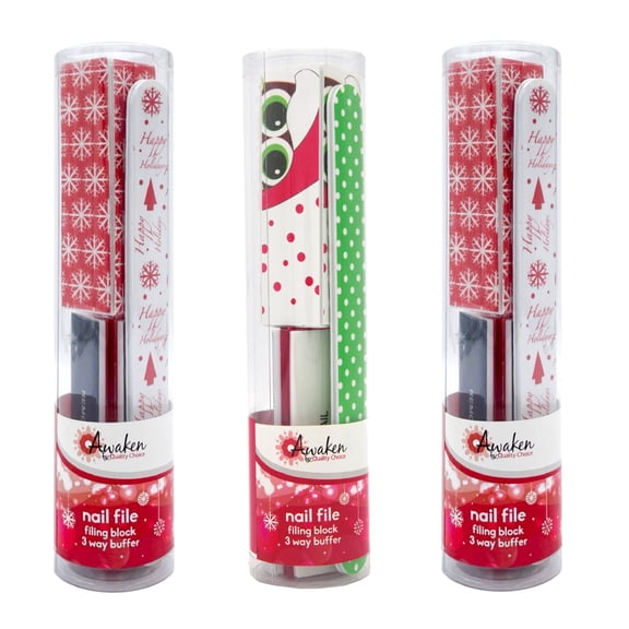 Awaken By Quality Choice Assorted Holiday Nail Care Stocking Stuffer Combo Pack - File, Buffer, and Filing Block - Essential for Nail - 3 Pack