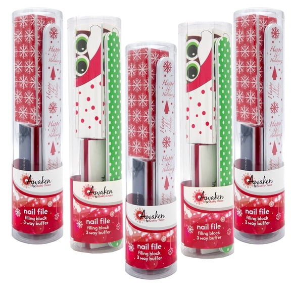 Awaken By Quality Choice Assorted Holiday Nail Care Stocking Stuffer Combo Pack - File, Buffer, and Filing Block - Essential for Nail - 5 Pack