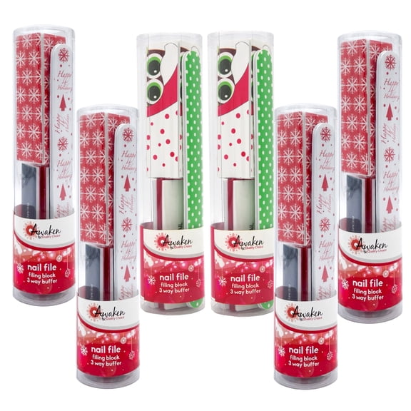 Awaken By Quality Choice Assorted Holiday Nail Care Stocking Stuffer Combo Pack - File, Buffer, and Filing Block - Essential for Nail - 6 Pack