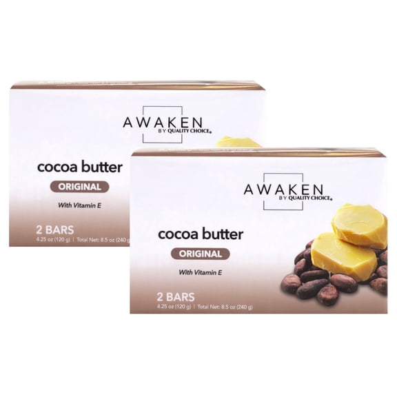 Awaken Cocoa Butter Bar Soap with Vitamin E, Moisturizing Body and Face Cleanser, Gentle Daily Bath Soap with Rich Creamy Lather, Nourishing Tone Skincare Bars - 4.25 Oz. Bars, 2 Count Pack of 2