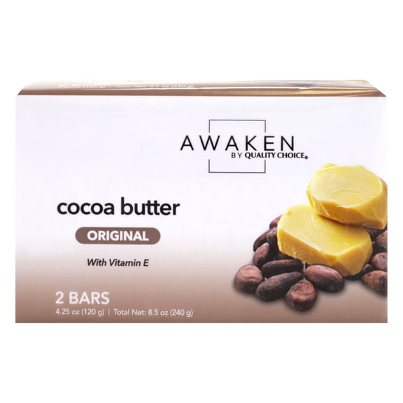 Awaken Cocoa Butter Bar Soap with Vitamin E, Moisturizing Body and Face Cleanser, Gentle Daily Bath Soap with Rich Creamy Lather, Nourishing Tone Skincare Bars - 4.25 Oz. Bars, 2 Count
