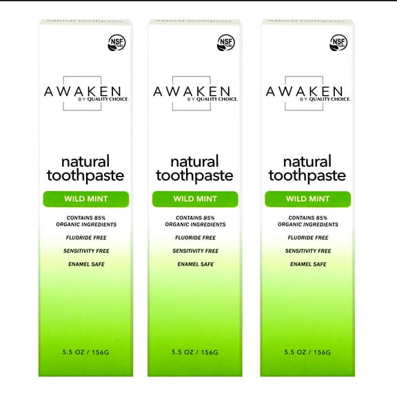 Awaken by Quality Choice Natural Toothpaste, Fluoride Free, Enamel Safe, Sensitivity Free, 85% Organic Ingredients, Wild Mint, 5.5 OZ - 3 Pack