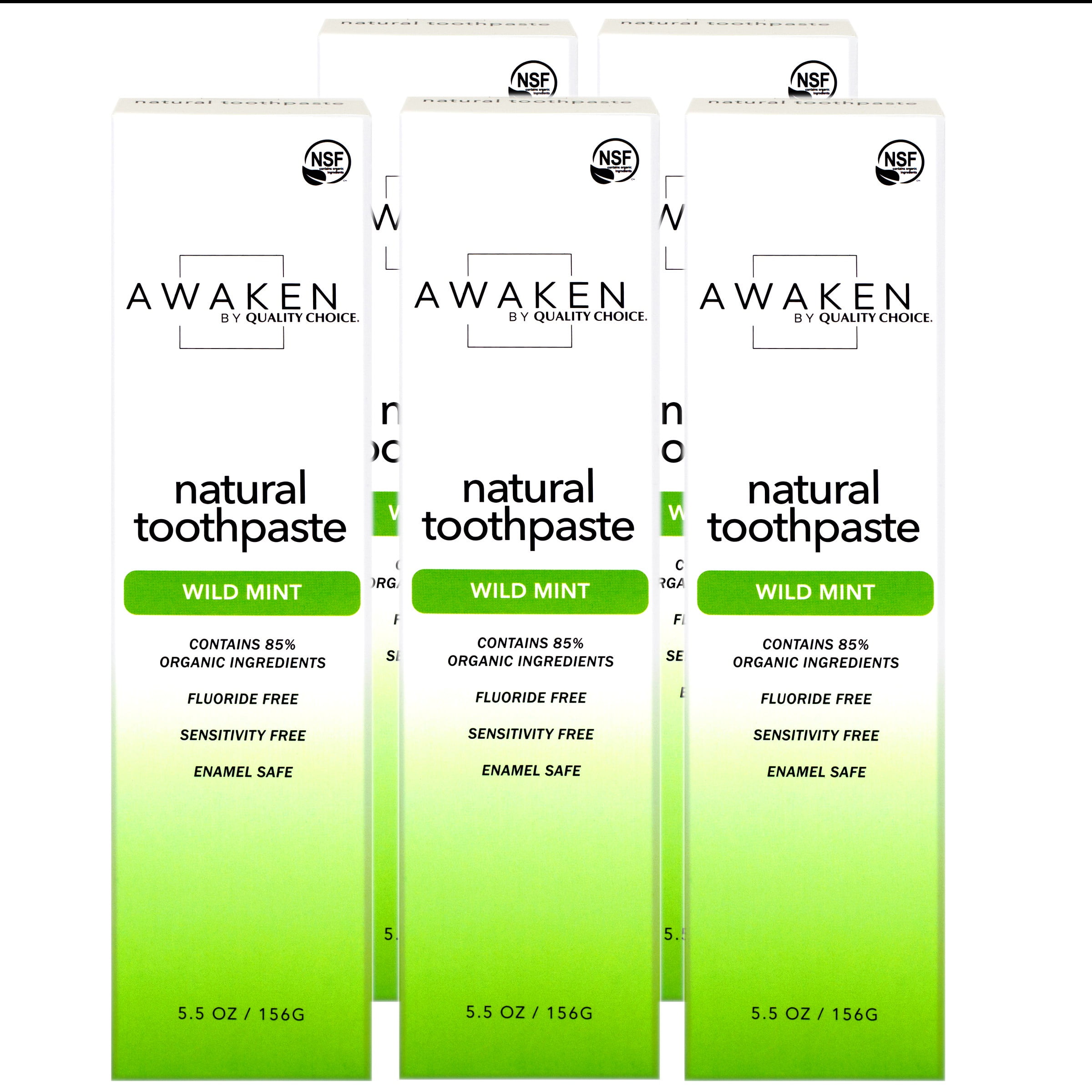 Awaken by Quality Choice Natural Toothpaste, Fluoride Free, Enamel Safe, Sensitivity Free, 85% Organic Ingredients, Wild Mint, 5.5 OZ - 5 Pack