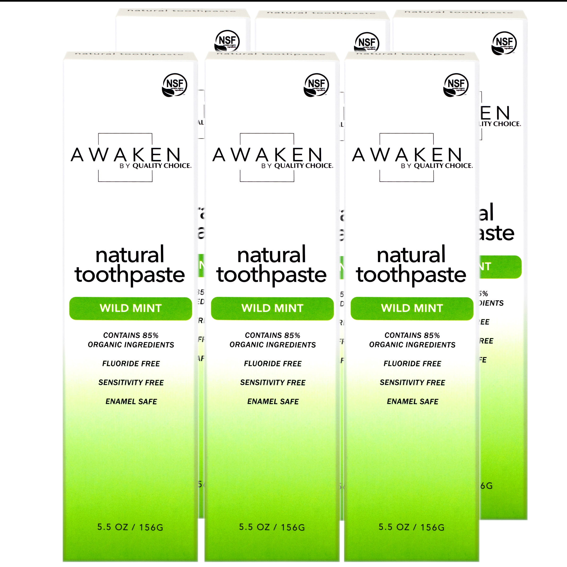 Awaken by Quality Choice Natural Toothpaste, Fluoride Free, Enamel Safe, Sensitivity Free, 85% Organic Ingredients, Wild Mint, 5.5 OZ - 6 Pack