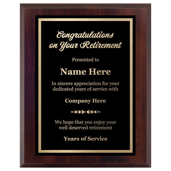 Awards4U 6x8 Retirement Plaque - Personalized Laser Engraved Metal Award - Black, Gold, Walnut