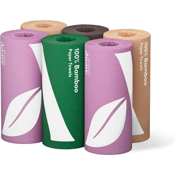 Bamboo Paper Towels, 6 Rolls, 2 ply, FSC Certified, 150 Sheets, 900 Count, Plastic-Free, Multicolor