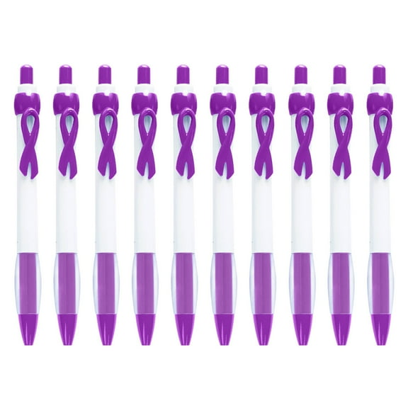10 Pack Ribbon Retractable Gel Pens for Breast Cancer Awareness - Pink Ribbon Design, Smooth Writing Office Supplies, Fundraiser Event Gifts for Women Support Cause, Cxui Ballpoint Pens Purple