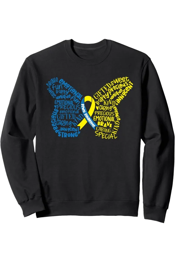 Awareness Month Butterfly Word Cloud Syndrome Supportive Hopeful Message Sweatshirt, up to size 5XL