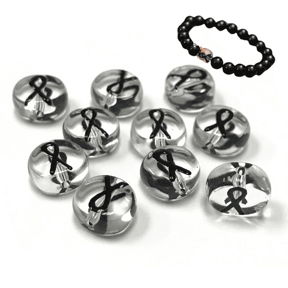 Awareness Ribbon Beads, Melanoma Mourning Cancer Beads For Jewelry Making, Glass Beads 10mm, DIY Bracelet Supplies, Gift For Beader, Black, 10 pcs