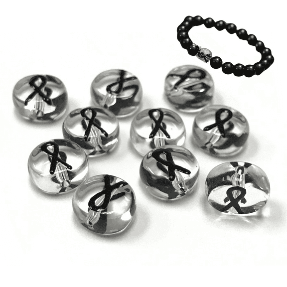 Awareness Ribbon Beads, Melanoma Mourning Cancer Beads For Jewelry Making, Glass Beads 10mm, DIY Bracelet Supplies, Gift For Beader, Black, 10 pcs