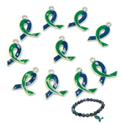 Awareness Ribbon Charms for Jewelry Making, Green Blue Joubert Syndrome Neurofibomatsis Fundraiser Supplies, Gift for Beader, 21x15mm, 10 Pcs