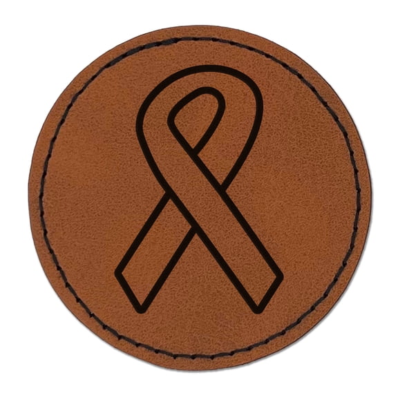 Awareness Ribbon Outline 2.5" Faux Leather Round Engraved Iron-On Patch - Brown